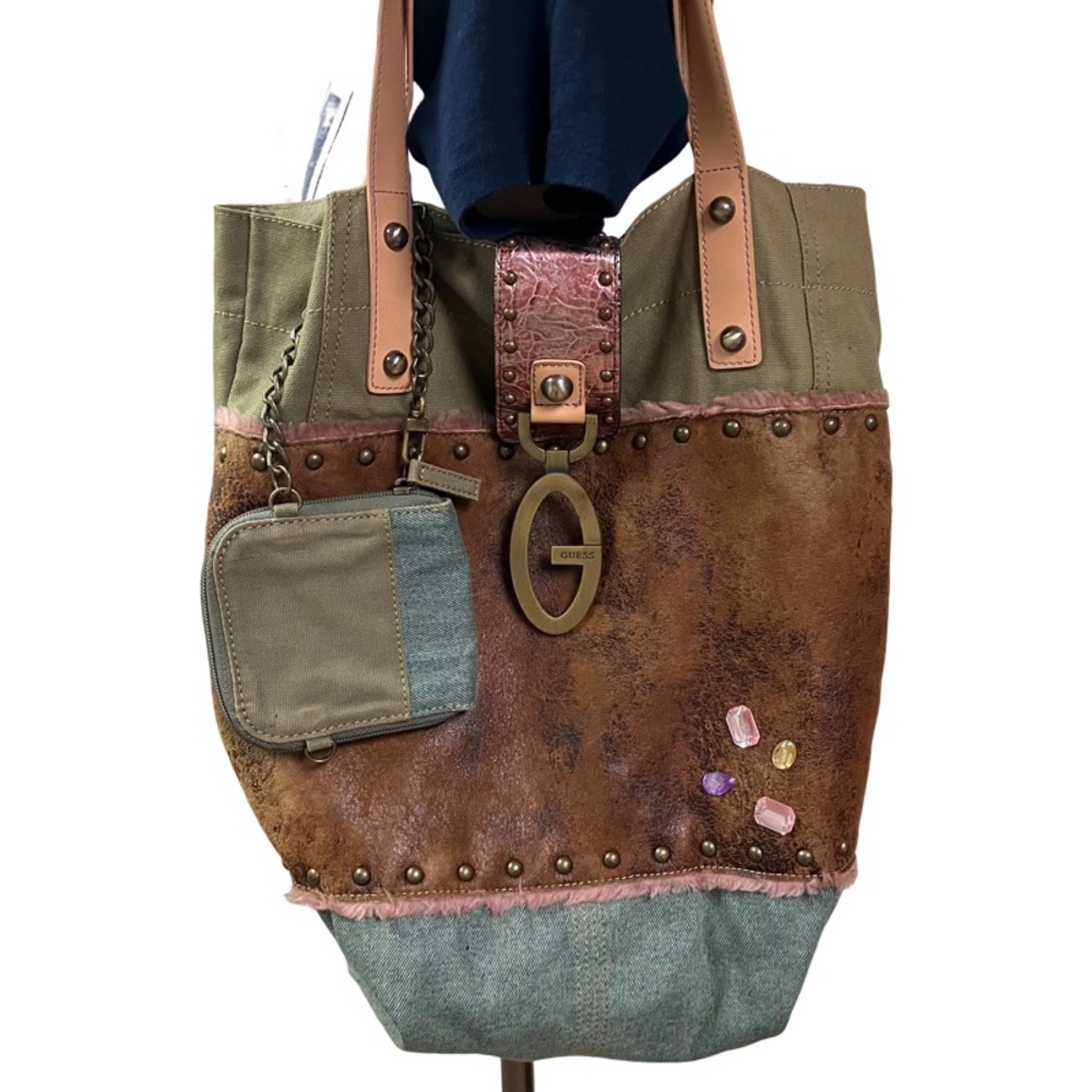 Vintage Y2k Guess Patchwork Reversible Tote Boho Fairycore Grunge Brass G Logo